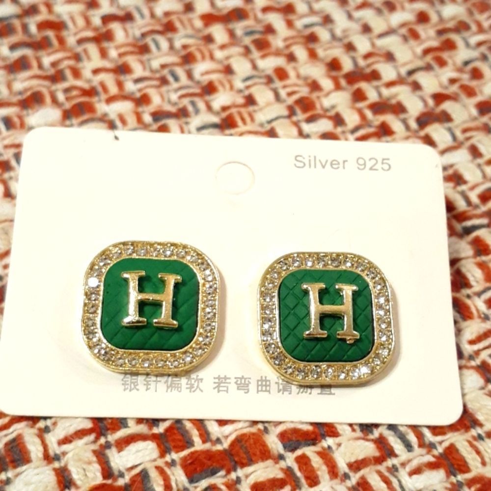 925 H Stud Earrings With Cubic Zirconia New With Tags
